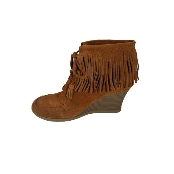 MINNETONKA Brown Suede Fringe Moccasin Wedge Heel Ankle Boots 84022 Size 8.5 - Picture 10 of 16